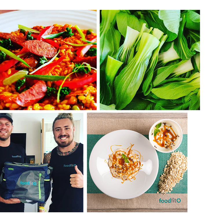 Four image collage of the Food Fit owner, and Food Fit meals assists with frequently asked questions.