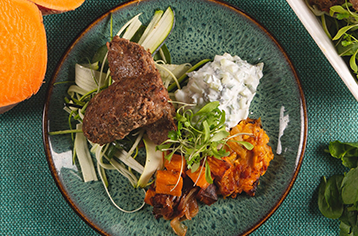 a healthy, personalised Food Fit meal on a blue plate shows how you can have better health.