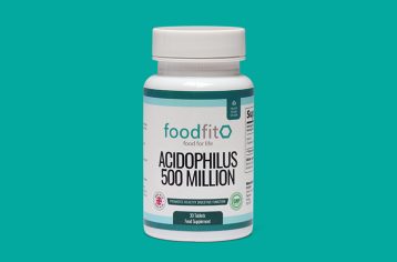 Bottle of Food Fit Acidophilus 500 million containing 30 tablets.