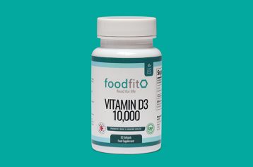 Bottle of Food Fit Vitamin D3 10,000 containing 30 capsules.