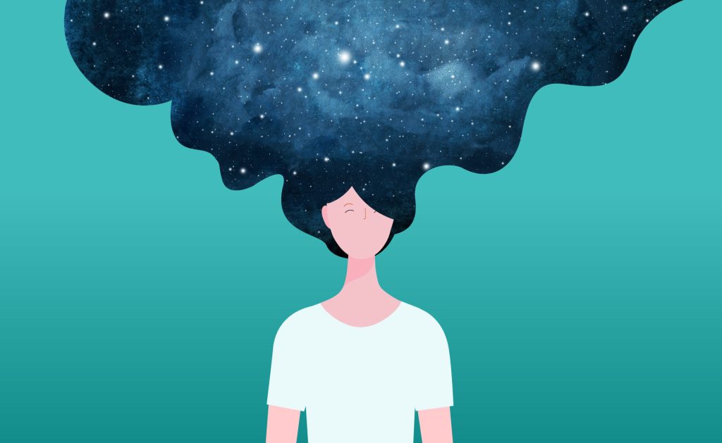 Graphic of a lady with the universe as her hair above her head implies we should pay close attention to mindfulness.