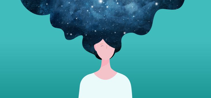 Graphic of a lady with the universe as her hair above her head implies we should pay close attention to mindfulness.